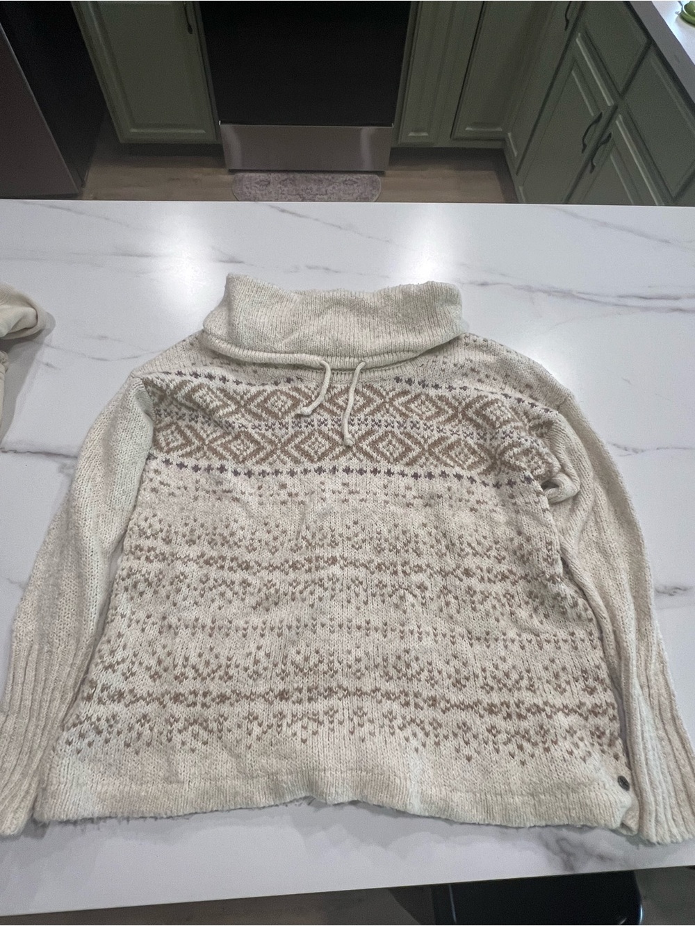 Eddie Bauer Cream & Tan Fair Isle Cowl Neck Sweater